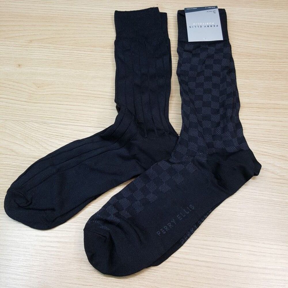 PERRY ELLIS Crew Dress Socks Mens 2-Pack Solid Black Ribbed Checkered Nylon